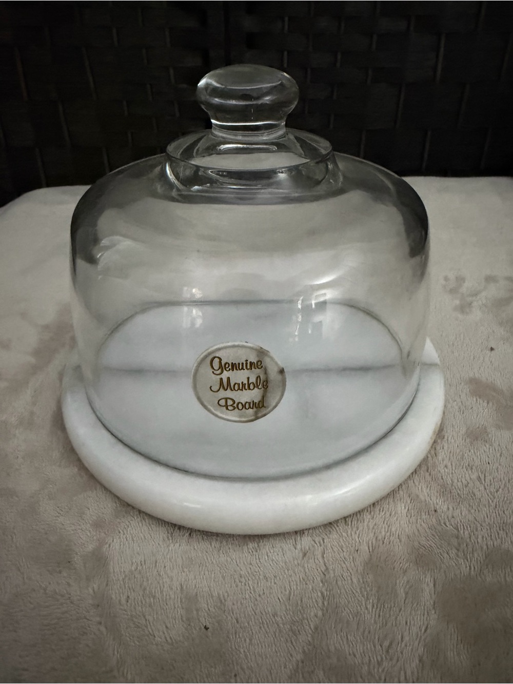 Genuine Marble Cheese Dome with Clear Glass Lid - White Marble